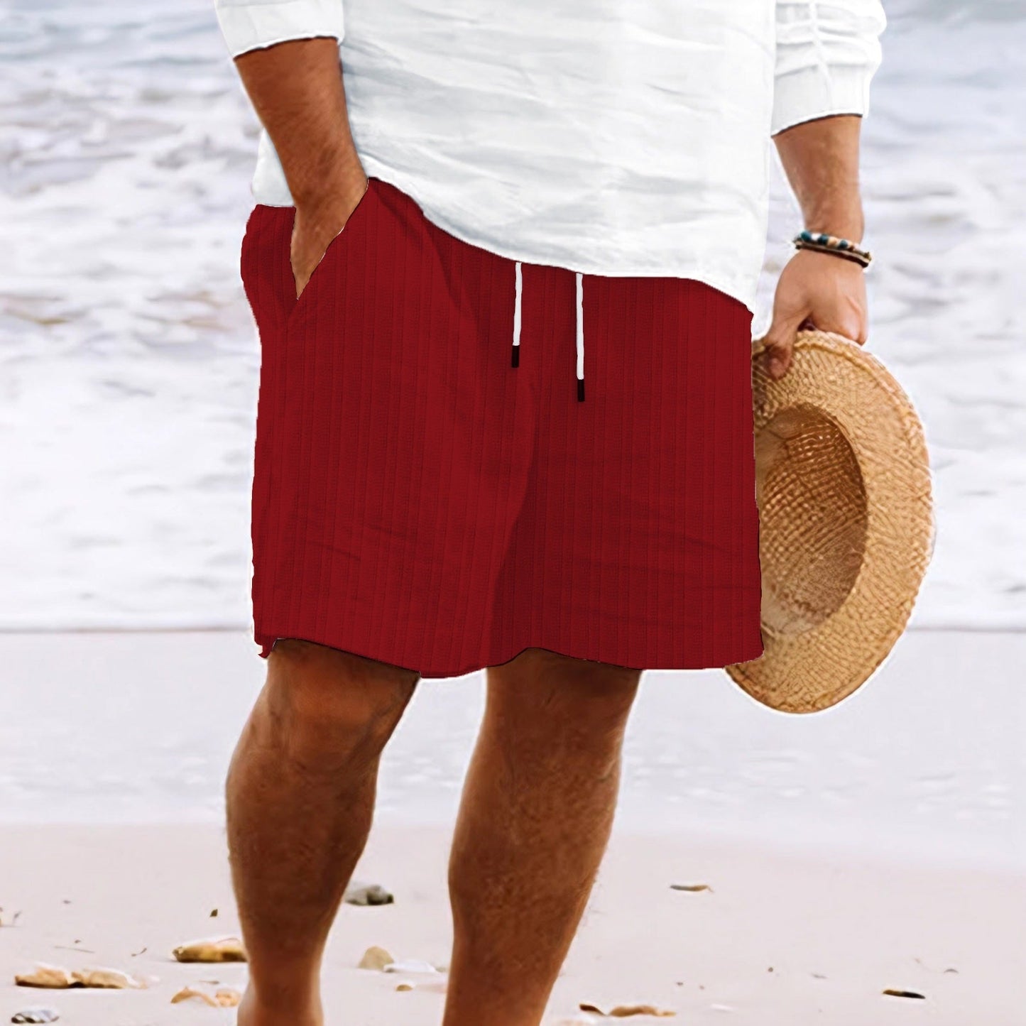 Shorts homme mélange lin-coton coupe décontractée avec poches