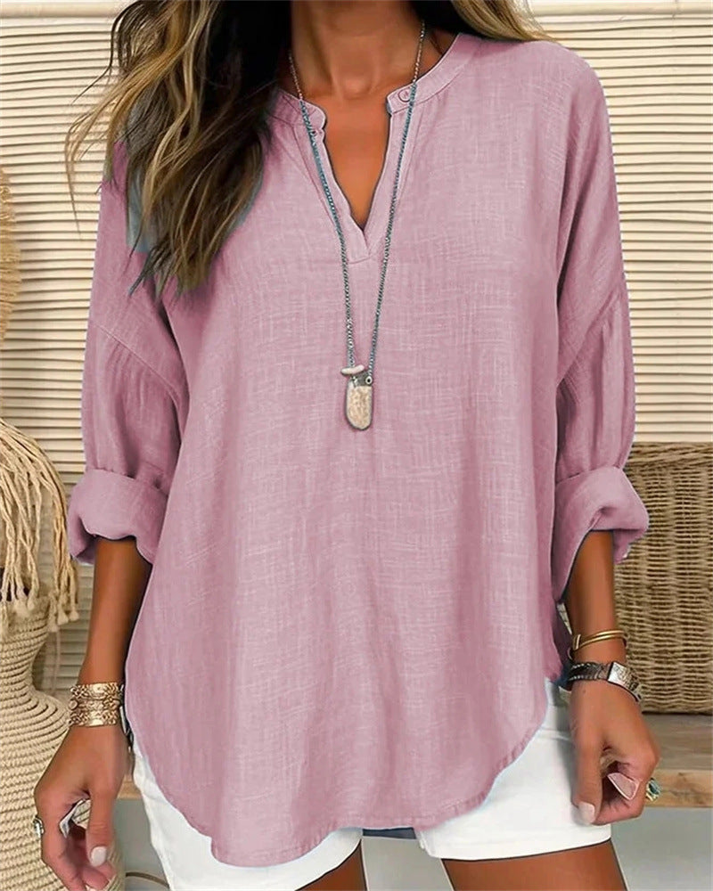Women's Long-Sleeve Blouse Cotton-Linen Stand Collar Loose Fit