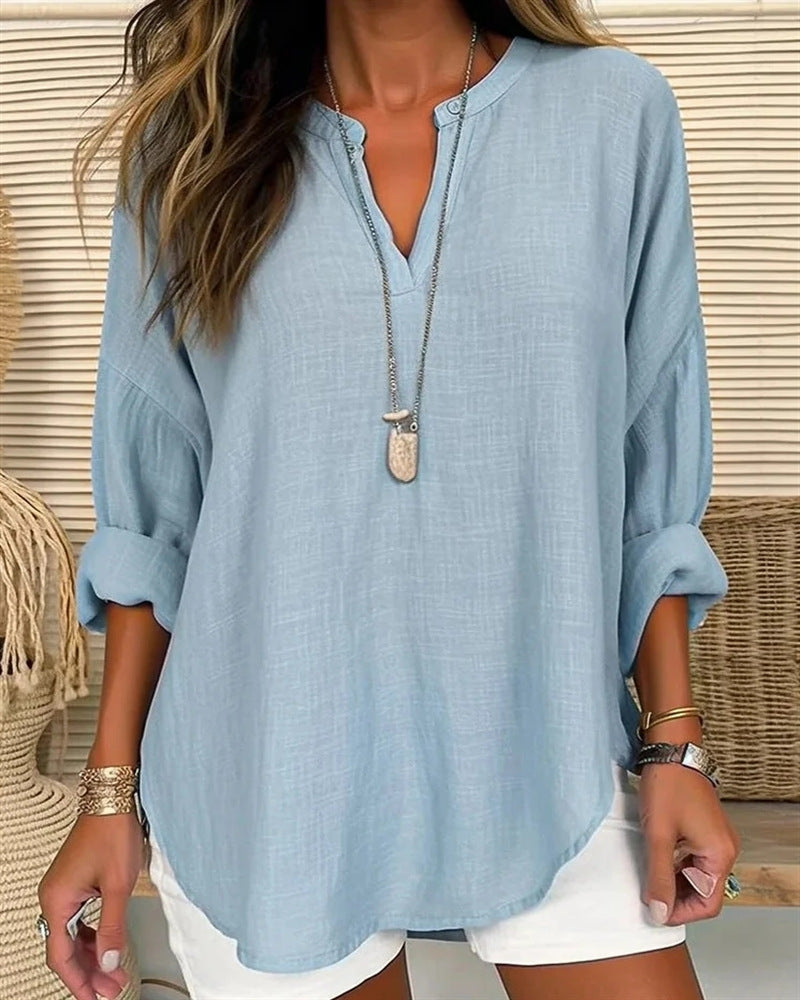 Women's Long-Sleeve Blouse Cotton-Linen Stand Collar Loose Fit
