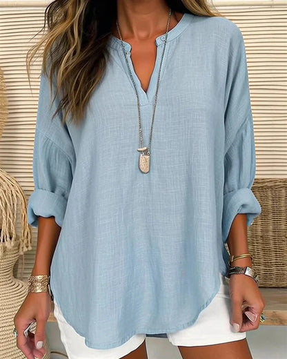 Women's Long-Sleeve Blouse Cotton-Linen Stand Collar Loose Fit
