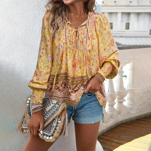 Boho Long-Sleeve Blouse for Women with Tie Collar Made of Lightweight Material