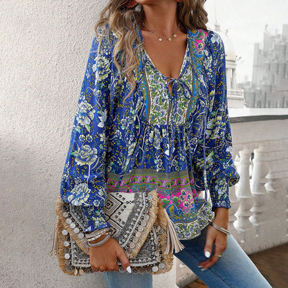 Boho Bluse Damen langarm mit Bindekragen aus leichtem Material