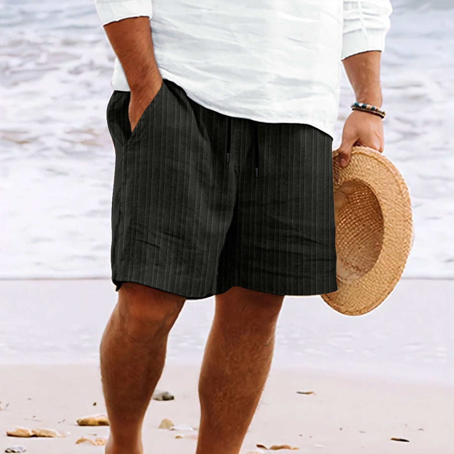 Shorts homme mélange lin-coton coupe décontractée avec poches