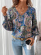Printed Women's Blouse with V-Neck - Stylish & Comfortable Shirt with Lantern Sleeves