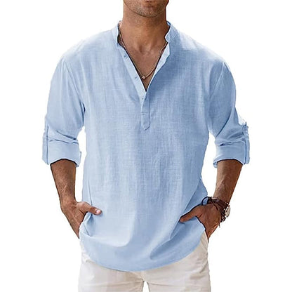 Men's Linen Shirt with Henley Collar