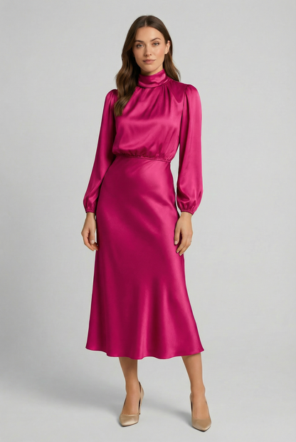 Robe midi élégante en satin à taille haute