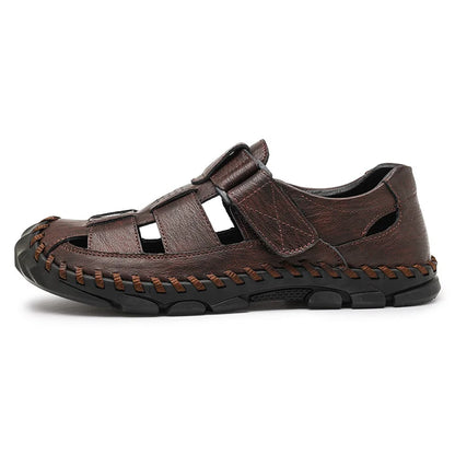 Men's leather sandals with Velcro fastener and rubber sole
