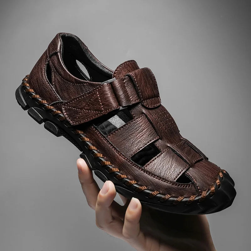 Men's leather sandals with Velcro fastener and rubber sole