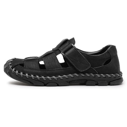 Men's leather sandals with Velcro fastener and rubber sole