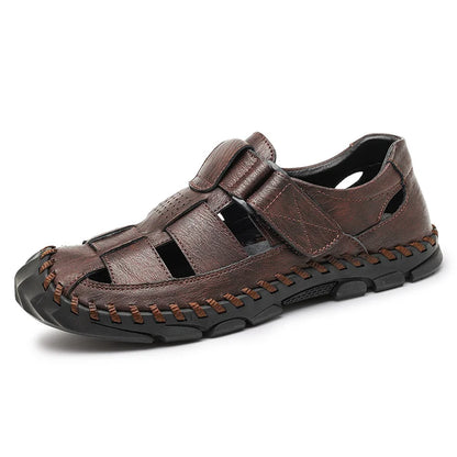 Men's leather sandals with Velcro fastener and rubber sole