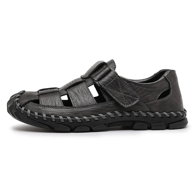 Men's leather sandals with Velcro fastener and rubber sole