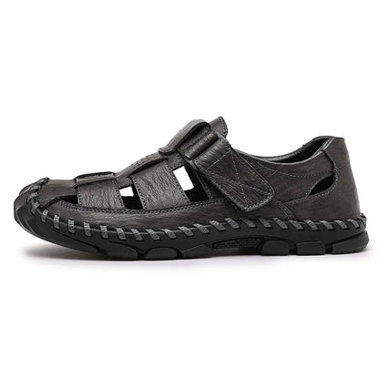 Men's leather sandals with Velcro fastener and rubber sole