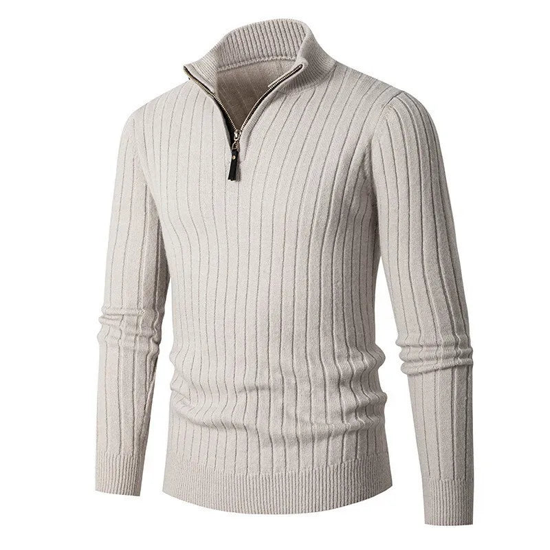 Pullover - High Collar Made of Spun Fiber Blend with Half Zipper for Adjustable Fit