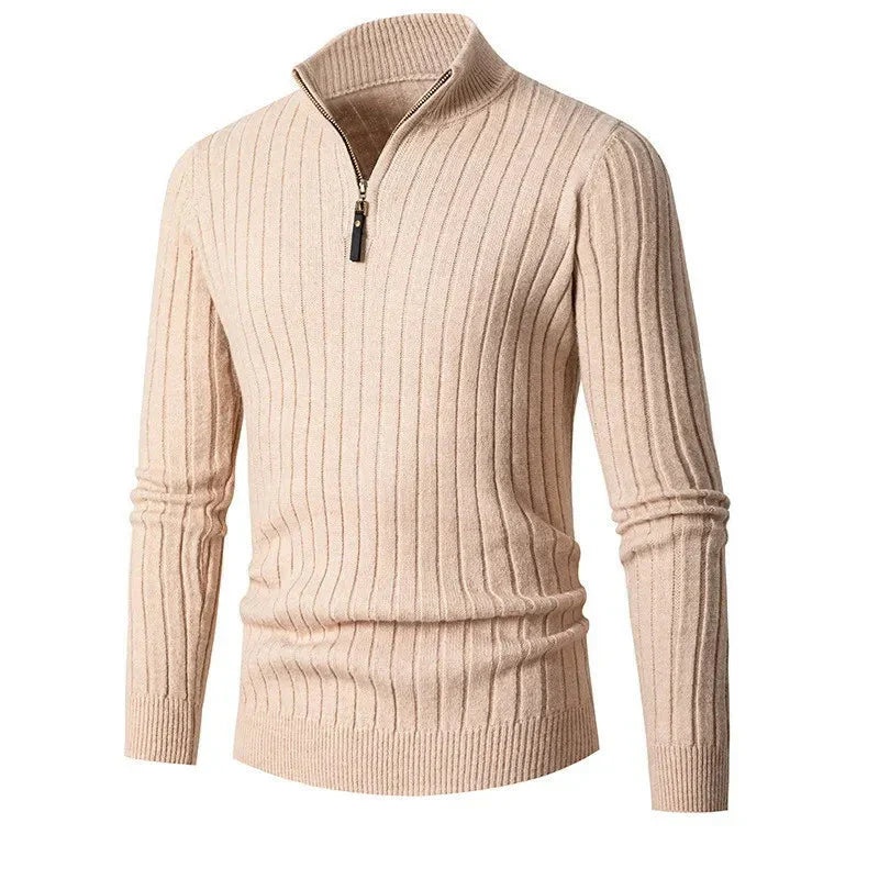 Pullover - High Collar Made of Spun Fiber Blend with Half Zipper for Adjustable Fit