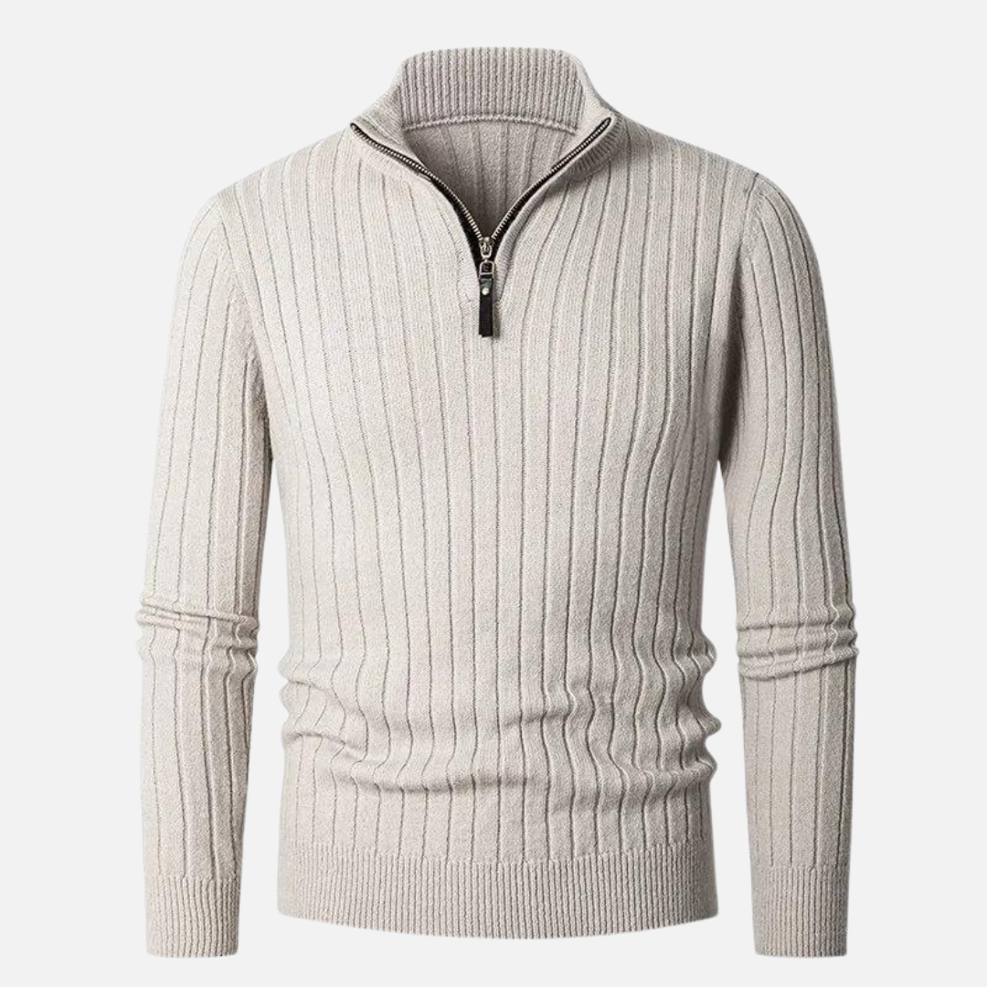 Pullover - High Collar Made of Spun Fiber Blend with Half Zipper for Adjustable Fit