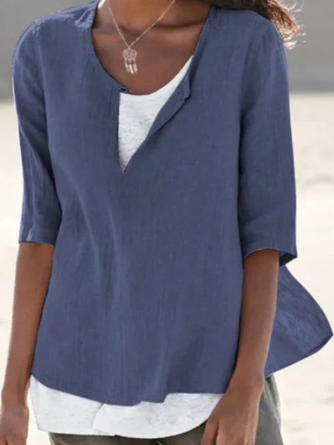 Blouse blanche élégante pour femmes avec col rond en lin - Tamera