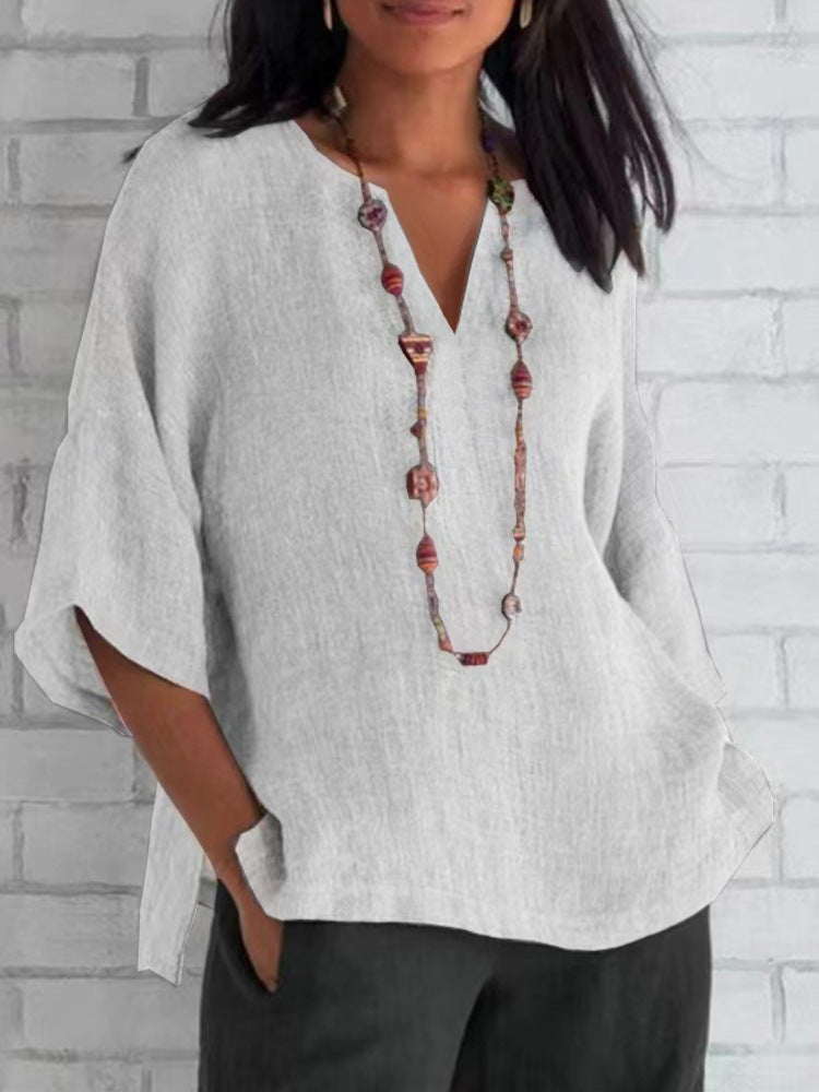 Blouse légère en lin bleue avec col en V pour femmes - Manias