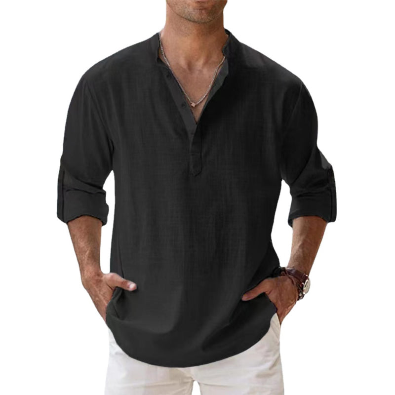 Men's Linen Shirt with Henley Collar