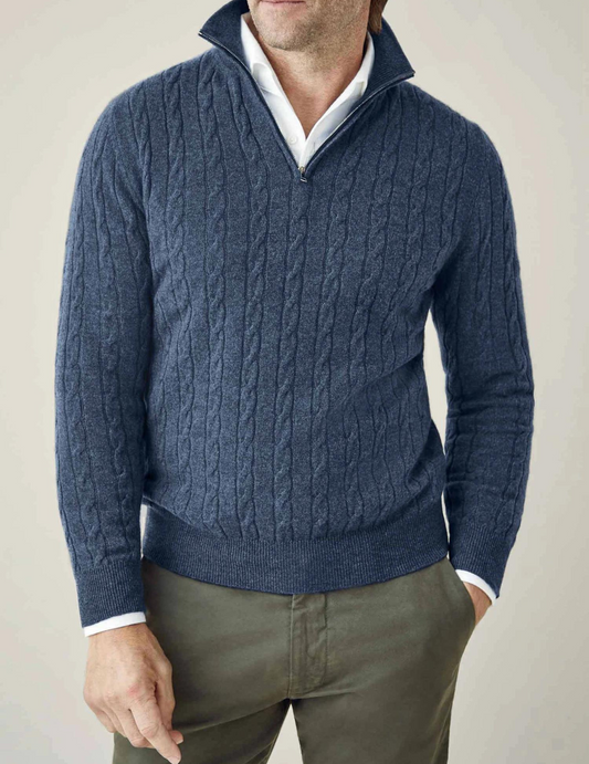 Zip-Up Sweater - Cable Knit Texture and Adjustable Warmth
