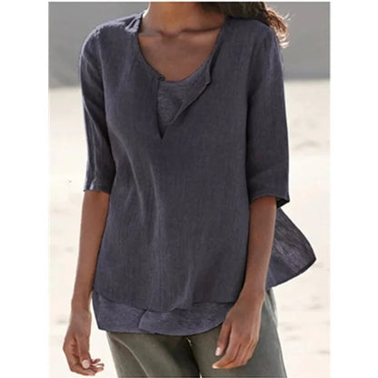 Blouse blanche élégante pour femmes avec col rond en lin - Tamera