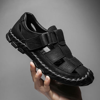 Men's leather sandals with Velcro fastener and rubber sole