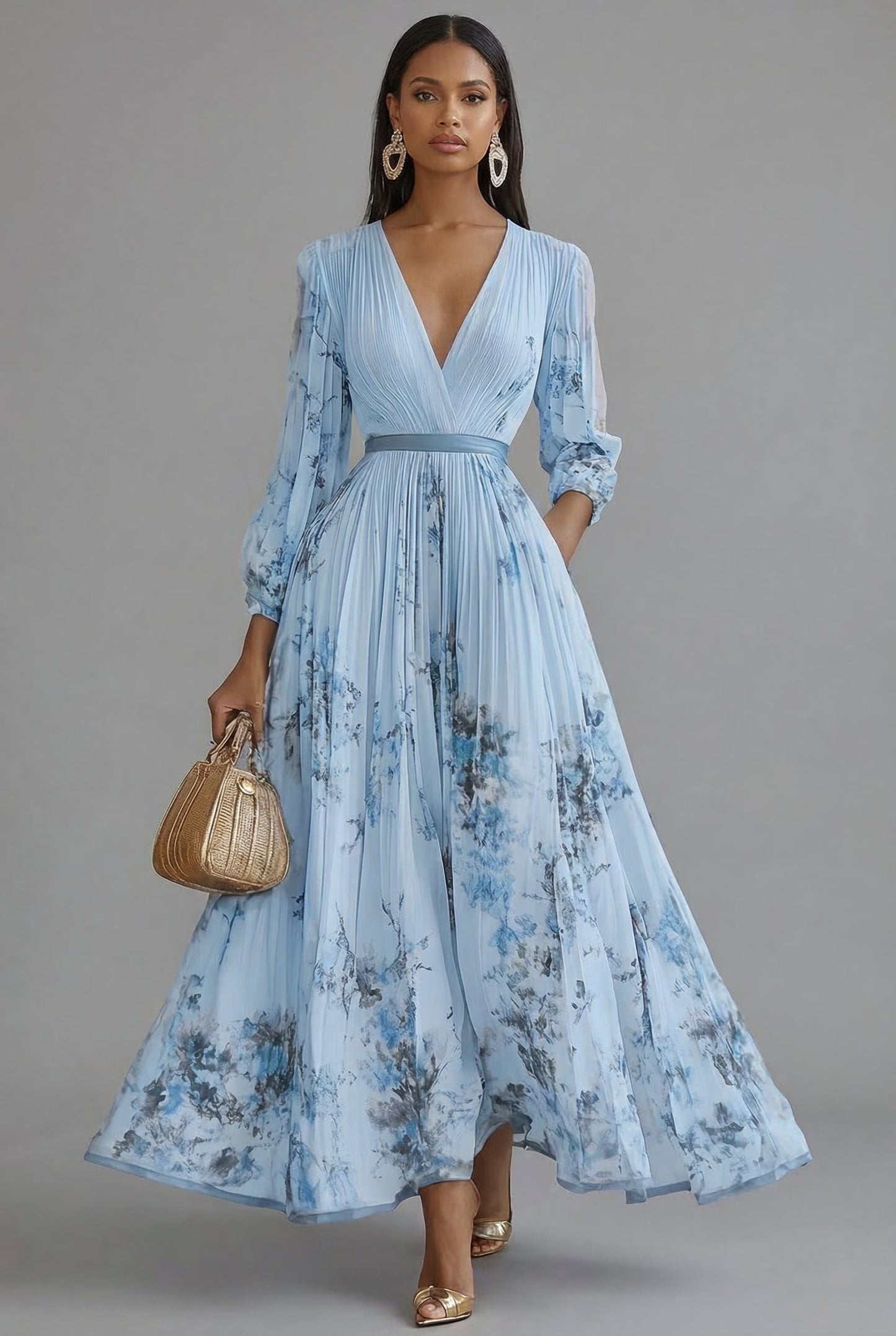 Robe maxi Ascot florale avec décolleté en V et manches longues