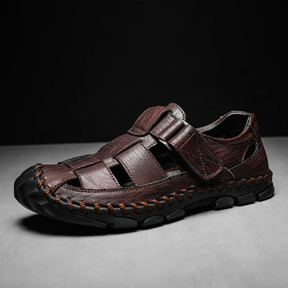 Men's leather sandals with Velcro fastener and rubber sole