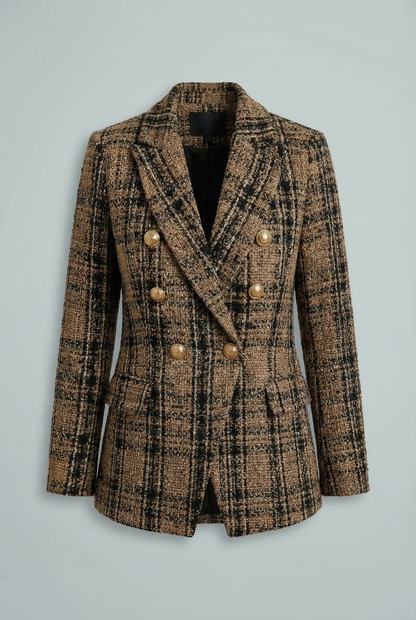 Women's blazer with check pattern and double-breasted button closure