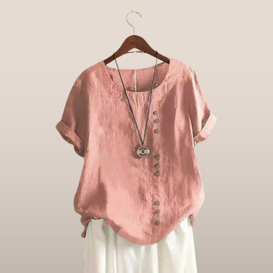 Linen blouse for women - asymmetrical button closure - short sleeves