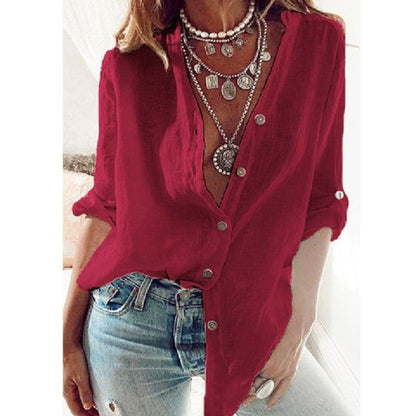 Blouse blanche en coton-lin pour femmes avec boutons - Kamilano