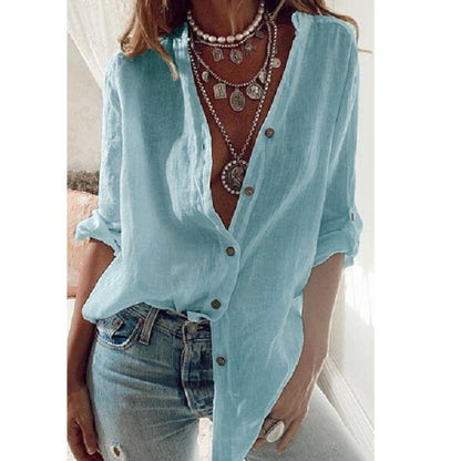 Blouse blanche en coton-lin pour femmes avec boutons - Kamilano