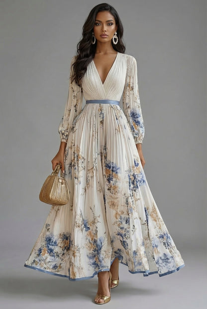 Robe maxi Ascot florale avec décolleté en V et manches longues