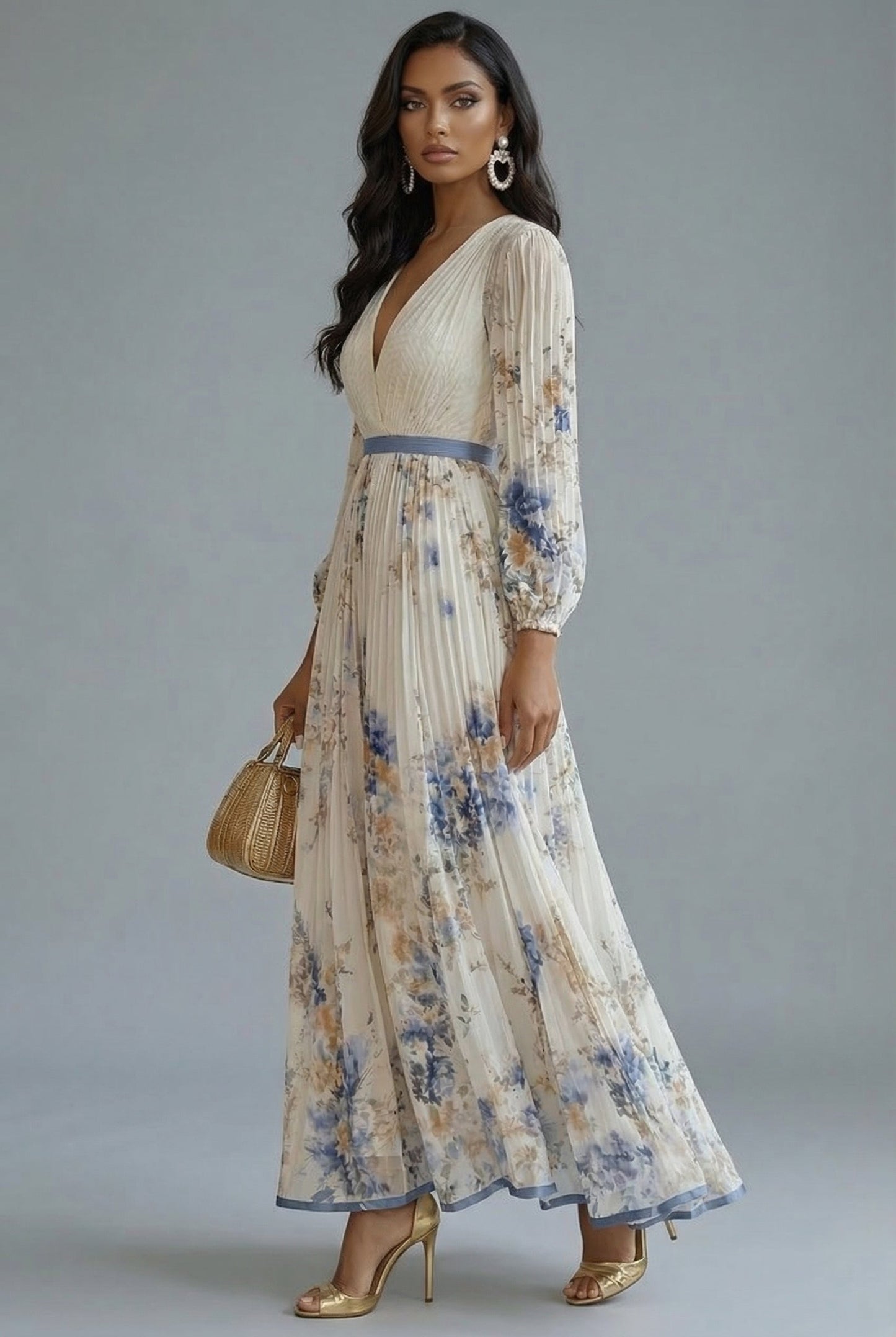 Robe maxi Ascot florale avec décolleté en V et manches longues