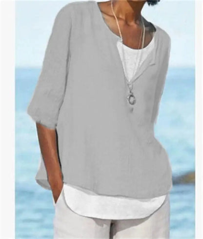 Blouse blanche élégante pour femmes avec col rond en lin - Tamera