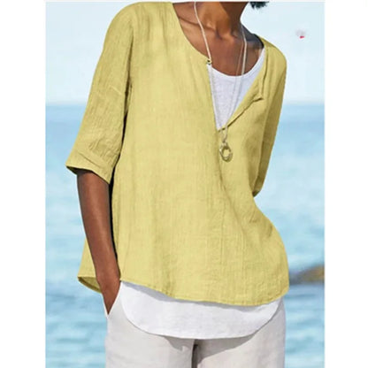 Blouse blanche élégante pour femmes avec col rond en lin - Tamera