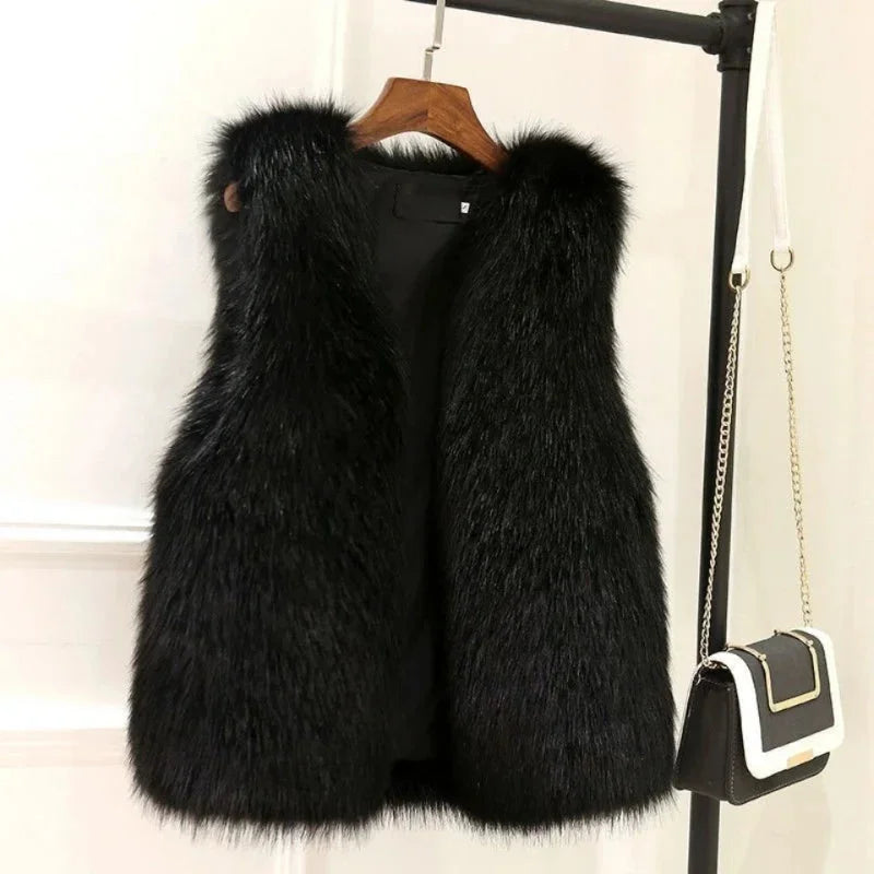 Gilet femme sans manches en fausse fourrure, couleur noire, design polyvalent adapté pour l'automne et l'hiver.