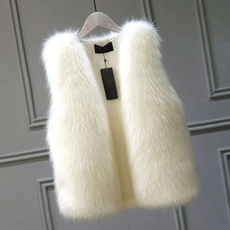 Gilet sans manches en fausse fourrure noire pour femme, adapté pour l'automne et l'hiver.