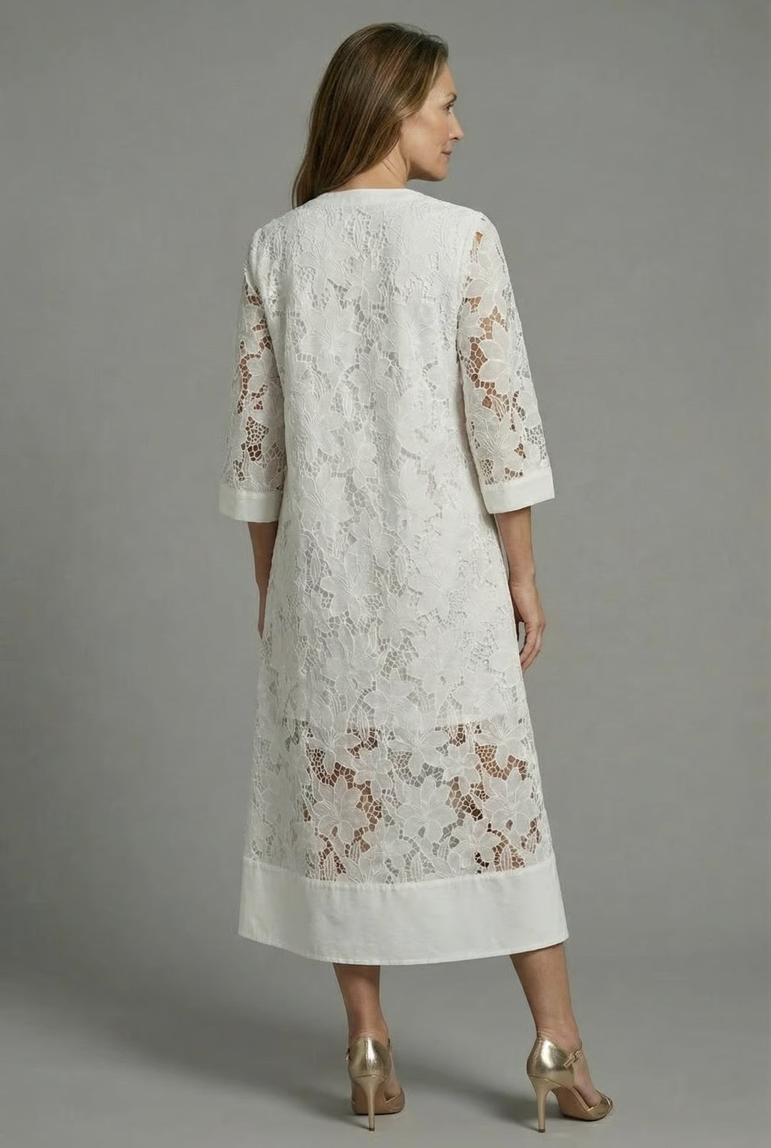Embroidered Midi Dress for Women – Elegant Lace Details & Relaxed Fit