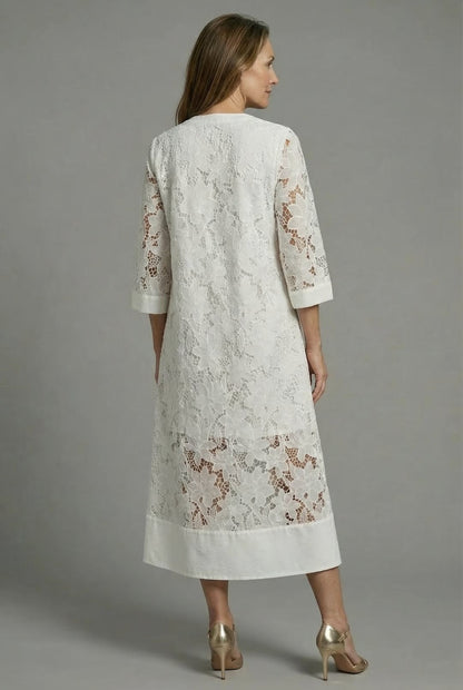 Embroidered Midi Dress for Women – Elegant Lace Details & Relaxed Fit