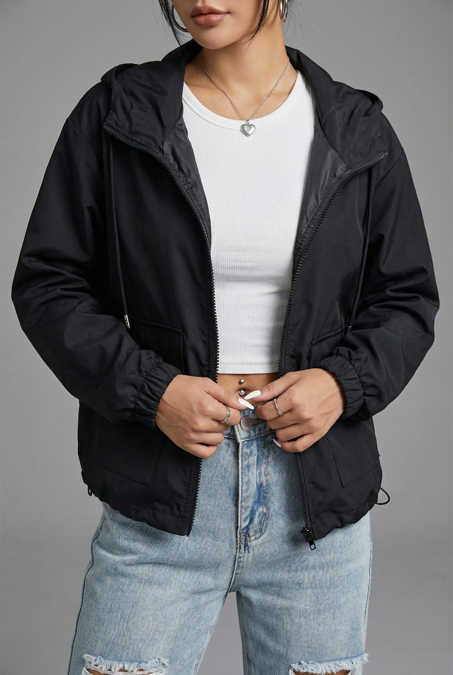 Veste courte noire de printemps pour femmes – Veste légère à capuche