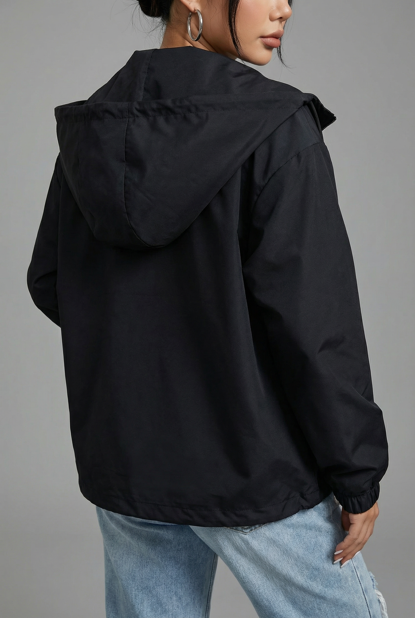 Veste courte noire de printemps pour femmes – Veste légère à capuche