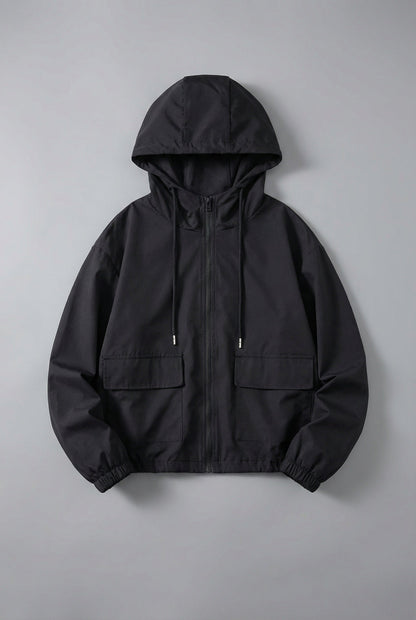 Veste courte noire de printemps pour femmes – Veste légère à capuche
