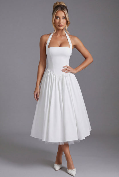 Robe midi élégante en ligne A avec col licou pour femme