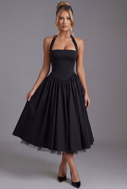 Robe midi élégante en ligne A avec col licou pour femme
