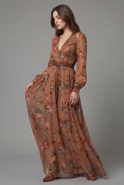 Robe maxi bohème vintage à motif floral pour femmes