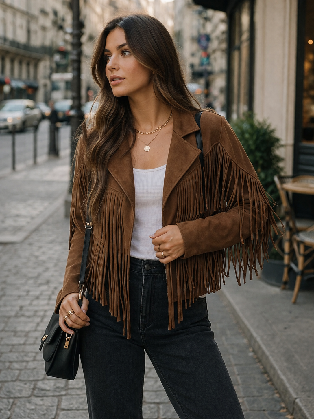 Women's brown suede jacket with fringes