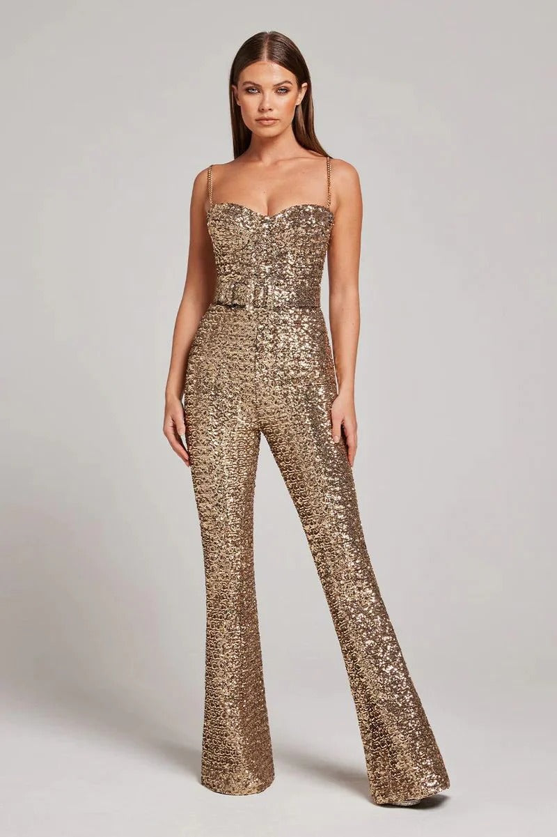 Jumpsuit with sequin belt and flared legs for women