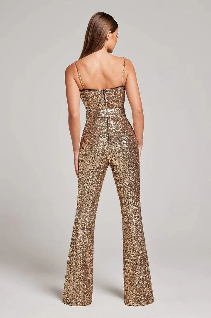 Jumpsuit with sequin belt and flared legs for women