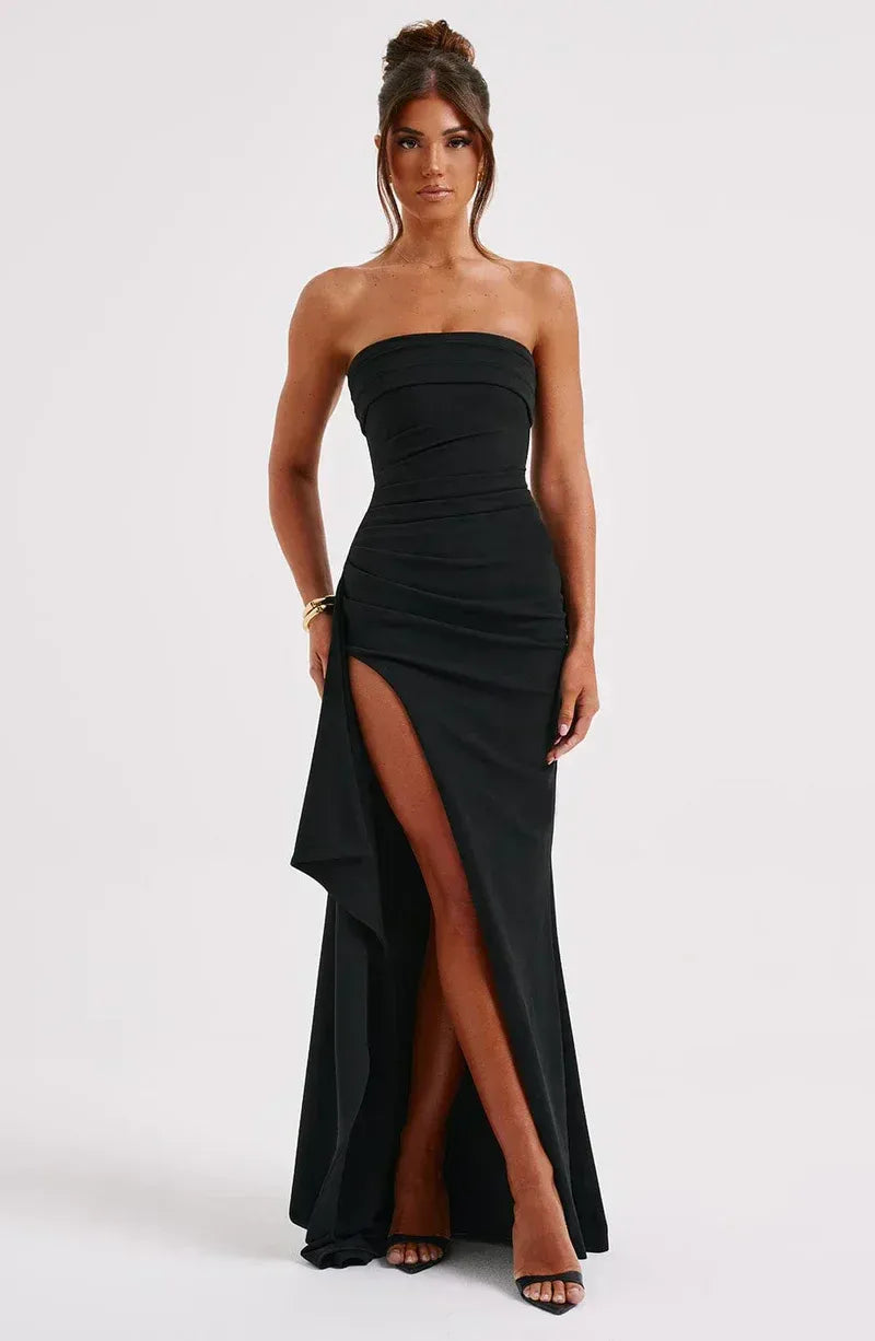 Robe cocktail maxi bustier pour femme avec fente sur la jambe