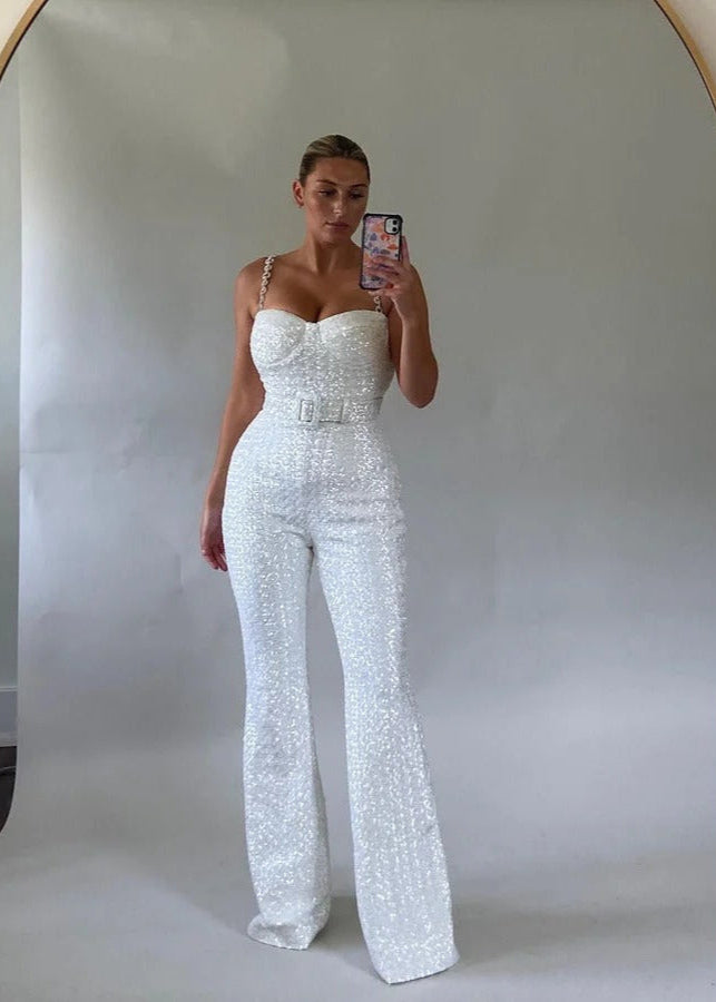 Jumpsuit with sequin belt and flared legs for women
